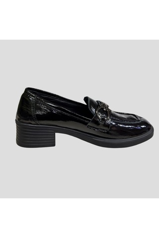 Myfit Shoes 041 Kadın Hakiki Deri Aksesuarlı Kısa Topuk Ayakkabı Siyah Rugan Çok Renkli