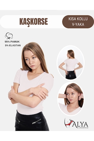 Alya Underwear V Yaka Kaşkorse Kumaşlı Kısa Kollu Bluz, Esnek Ve Pamuklu Kumaş Badi, Bej Kemik Body Bej