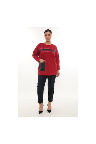 Lady Majestic Rahat Kalıp Büyük Beden Kadın Bluz Uzun Kollu Yazı Detaylı Cepli Kırmızı