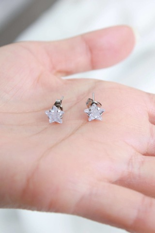 Niki Aksesuar Çelik Yıldız Küpe - Gümüş Renk Zirkon Taşlı Büyük Boy Gümüş