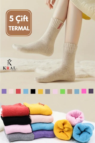 Kadın Çorap 5 Çift Renkli Termal Havlu Kışlık Çorap Isı Emici ASORTİ