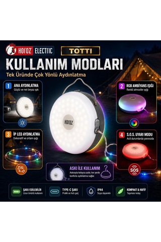 Tottı Led Şarjlı Kamp Lambası 2w Type-c Rgb İp Işıklı S.o.s Modlu