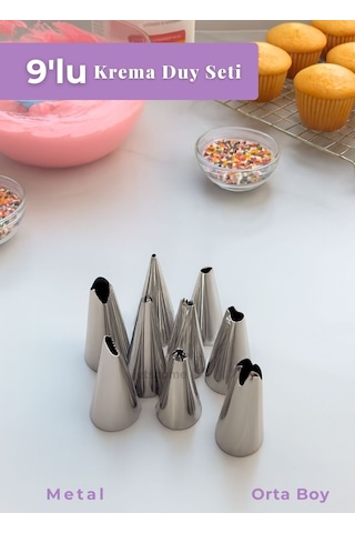 Orta Boy 9 Lu Metal Krema Duy Seti Pasta Duyu Cupcake Ve Kurabiye Krema Duyu Süsleme Metalik Gri
