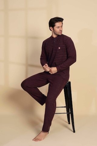 Erkek 3 Düğme Uzun Kol Göğüs Cepli Selanik Kumaş Kışlık Cepli Pijama Takımı Bordo
