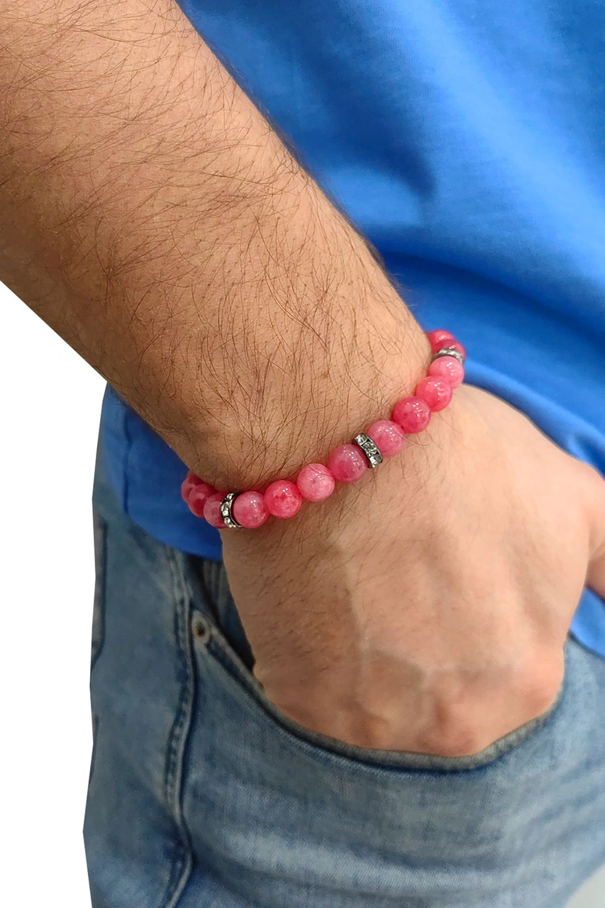 Lastikli Doğal Pembe Kuvars Taşlı Erkek Bileklik Ey36 Pembe