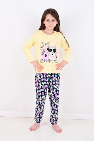 Uzun Kollu Kız Çocuk Pijama Takımı No Prob Lama Sarı