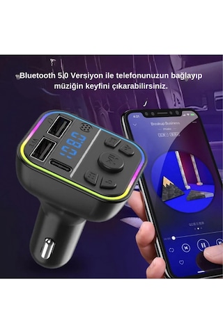 Rgb Bluetooth Araç Kiti Transmitter Usb Type-c Mp3 Sd Kart Flash Hızlı Çakmaklık Şarjı