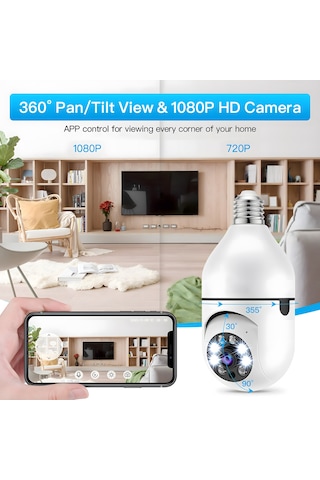 Ampul Güvenlik Kamerası, 360 Derece Döndürme/eğme Panoramik Ip Kamera, 2,4 Ghz Wifi 1080 Alarmlı Güvenlik & CCTV Kamerası 57946713