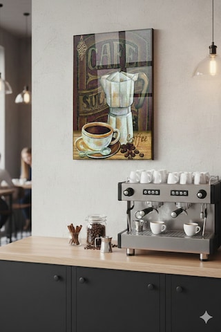 Cafe Atmosferi Yaratan Retro Kahve Cam Tablosu