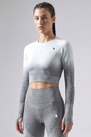 Woneagle Crop Top Gri Degrade Seamless Uzun Kollu Sweathshirt Gri Geçişli Gri Geçişli