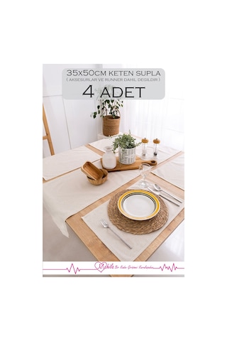 4 Adet 35x50cm %100 Ham Keten Amerikan Supla, Pamuklu Düz Supla, Organik Keten Dekoratif Supla Bej
