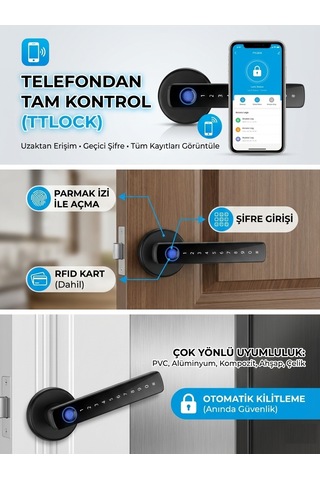 Şifreli Kartlı Telefondan Kontrol Pvc Alüminyum Ahşap Uyumlu Parmak İzli Akıllı Kapı Kolu Tt Lock