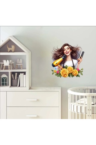 Sarı Güllü Makas Ve Fön Tutan Kuaför Kız Duvar Stickerı Renkli