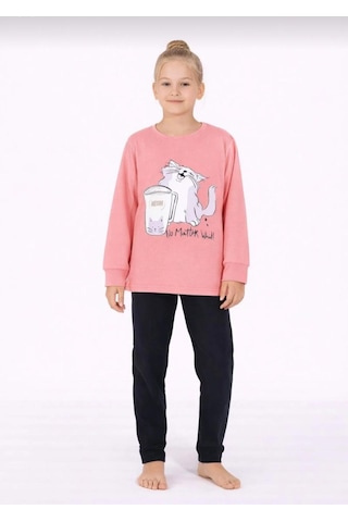 Kız Çocuk Kedi Baskılı Uzun Kollu Pijama Takımı Rahat Ev Giyimi-8411- Pembe