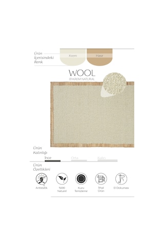 Cool Halı Wool 01 Natural Yün Halı Jüt Halı Yolluk El Dokuma Jüt Kilim Hasır Halı Bohem El Halısı Krem Halı Krem - Natural