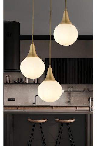 Modern 3'lü Sarkıt Beyaz Opal Camlı Salon Mutfak Oturma Odası Avize Eskitme Gold Gold