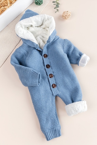 Babymod Triko Örme Welsoft Astarlı Kapüşonlu Kışlık Bebek Tulum mavi