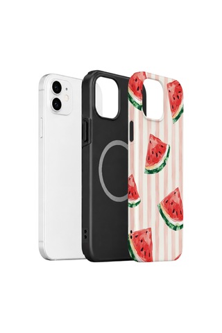 Apple iPhone Uyumlu 11 Vorian Çift Katmanlı Magsafe Kılıf Watermelon Blush Stripe