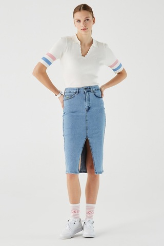 Lacoste Slim Fit Womens Skirt Dar Kesim Yırtmaçlı Kadın Kot Etek Mavi