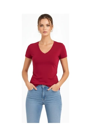Efnaz Style T-shirt V Yaka Slim Fit Likralı Tişört Günlük Basic Body - Bordo