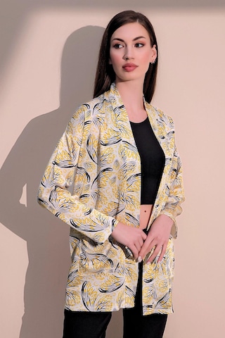 Kadın Sarı Safari Desen Yeni Moda Saten Çift Cepli Salaş Kimono Ceket - Tesettüre Uygun Sarı
