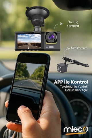 1s Wifi / App /1920p Fhd/ 170 Ultra Geniş Açı/gece Görüş/ G-sensörü 3 Kameralı Araç Kamerası 2025
