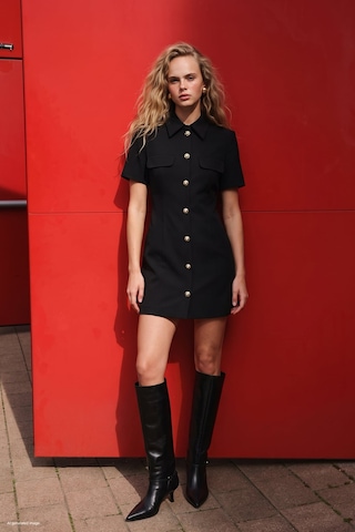 Sateen Kısa Kollu Mini Elbise - Siyah-137973
