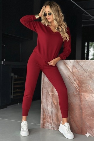 Alyn Wear Kadın Uzun Kollu V Yakalı Viskon Iki Iplik Bluz Ve Pantolon Ikili Takım Kırmızı