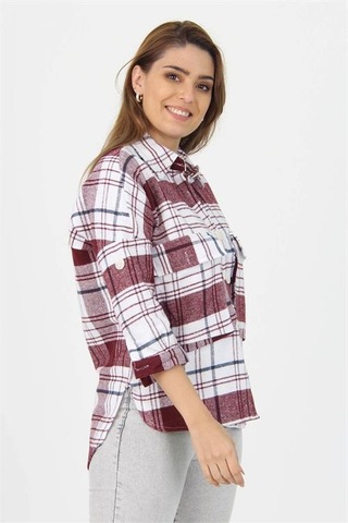 Neşeli Butik Kadın Katlanabilir Kol Cep Detaylı Ekose Oduncu Gömlek Nb9020 bordo