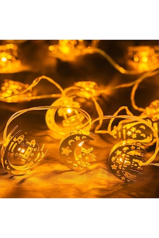 Ramazan Konsept Süsleme Pilli Led Işık 10lu Gold Metal Kandil Ay Yıldız Minare Karışık Işık Zinciri Gold