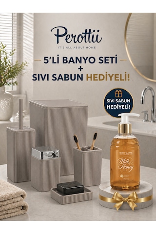 Perottii 5 Li Banyo Seti + Sıvı Sabun Hediyeli Lüks Set Bej - Krem