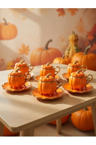 6 Lı Pumpkin Balkabağı Desenli Fincan Takımı - Kapaklı Ve Ayaklı Model Turuncu