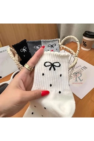 Trampler 4 Çift Kadın Kurdela Puantiye Desenli Çorap Kadın Kolej Çorap Çok Renkli