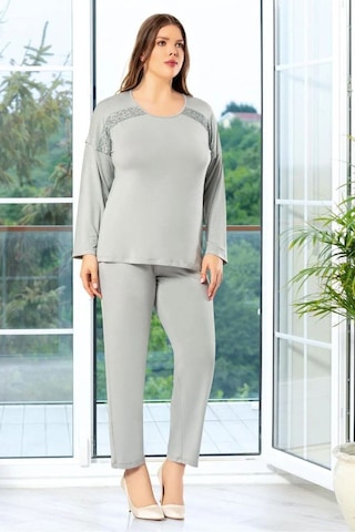 Faal 8810 Kadın Büyük Beden Uzun Kollu Dantel Detaylı Pijama Takım-gri Gri