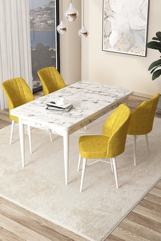 Canisa Concept Arp Serisi 70x110 Sabit Mutfak Masası Takımı Beyaz Mermer Desen Masa 4 Hardal Sandalye Masa Beyaz/ Sandalyeler Hardal Sarısı