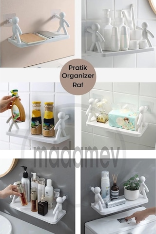 Madamev Kendinden Yapışkanlı Duvara Monte Craft Banyo Rafı Mutfak Organizeri 2'Li Çok Renkli