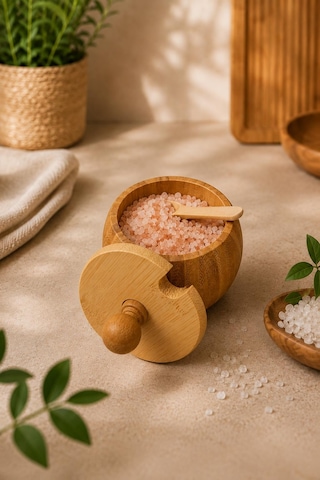 Bambu Baharatlık Seti 3'lü Kapaklı Kaşıklı Tuzluk Şekerlik Saklama Kabı Doğal Ahşap Organizer