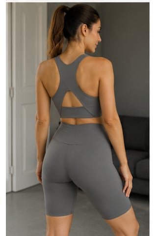 Cocosushicooo Kadın Gri Spor Takım Yüksek Bel Toparlayıcı Biker Tayt Ve Sırt Detaylı Spor Büstiyer