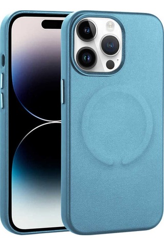 Apple Uyumlu iPhone 14 Pro Kılıf Pu Deri M-safe Wireless Şarj Özellikli Zore Derix Kapak Mavi