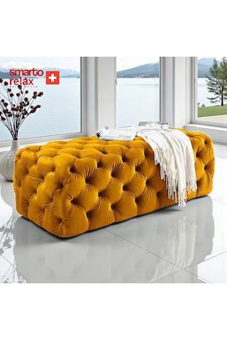 Smarto Relax Swiss Style Kapitone Puf, Kadife Polyester, 110x45x40 Cm, Ayaksız Sarı