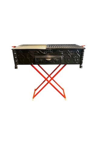 Emaye Boyalı Yüksek Ayaklı Çift Izgaralı Mangal Kırmızı - Siyah