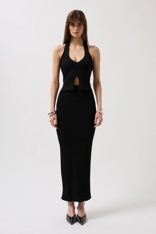 Modasize V Detay Dokulu Crop Bluz Siyah