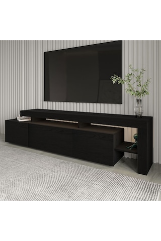 Beliz Modern LED Işıklı 3 Kapaklı, Raflı TV Sehpası – 192 cm, Ahşap Siyah
