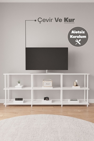 Çevir Kur 200 Cm Beyaz B.d Raflı Tv Sehpası, Tv Ünitesi 200 71 29 Cm Beyaz