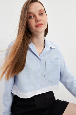 Stella Pulvis Mavi Garnili Tek Cep Crop Oxford Gömlek Mavi