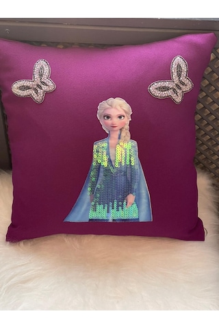 Elsa Ve Kelebek Pul Payetli Kırlent Yastık Kılıfı 40x40 Renkli
