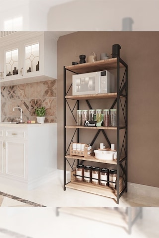 Morpanya Oven Metal Mutfak Rafı Malzeme Dolabı 5 Raflı Mikrodalga Fırın Rafı Çok Amaçlı Dolap Raf 150 Cm Ceviz