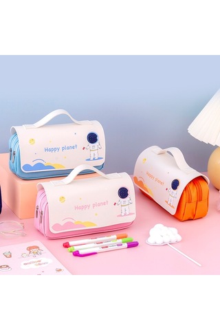 Sevimli Karikatür Desenli İlkokul Öğrencileri İçin Taşınabilir Kırtasiye Çantası, Yaratıcı Uzay Temalı Kalem Kutusu, Renkli Ve Pratik Okul Malzemeleri Saklama Kutusu Turuncu