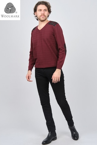 Desen Triko Erkek V Yaka Saf Yün Kazak 0246538 Bordo Bordo