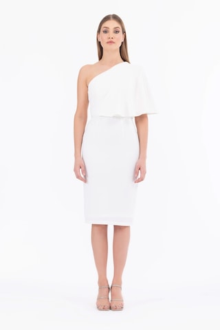 Kadın Asimetrik Kesim Pelerin Kol Tek Omuz Abiye Elbise - Ekru Ekru